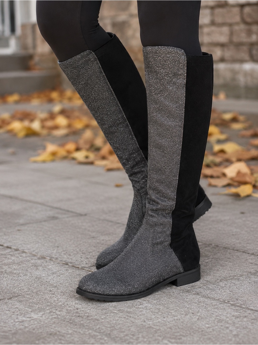 Unisa Two-Tone Black and Silver Sparkle Over-the-Knee Boots